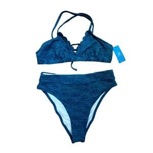 Cupshe|Teal Flower Embroidered‎ Bikini|High Rise|NWT|SZ M